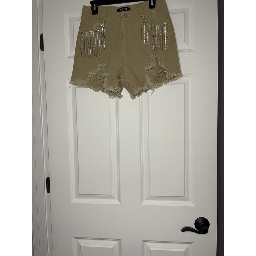 Blue B Rhinestone Fringe Denim Fray Hem Shorts Large Brown New With Tags